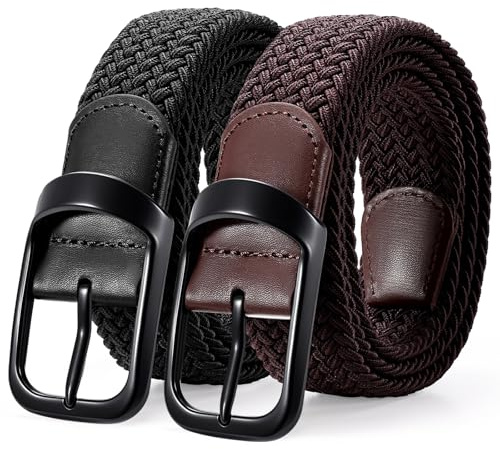 LEACOOLKEY 2 Pack Stretch Belts for Men Elastic Woven Braided Belt 1 3/8 Casual Golf Belt for Jeans Pants Black+Coffee