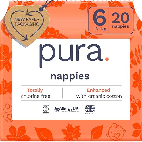 Pura Couches Écologiques, Taille 6 (13kg+), 1 Paquet (20 Pièces), Ultra Douces pour Peau Sensible, Coton Bio, Protection Contre les Fuites Jusqu'à 12 Heures