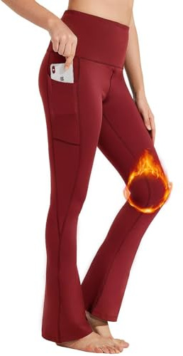 BAYGE Pantalón Térmico Mujer Bootcut Invierno Cintura Alta Forro de Forro Polar Impermeable Opaco Control de Abdomen Slim Fit Leggings Pantalón de Deporte Acampanado con Bolsillos, Rojo, S