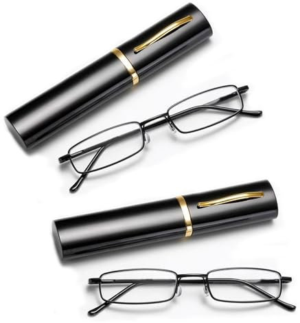 Fadbudss 2 Pairs Slim Pen Reading Glasses, Blue Light Blocking Compact Metal Frame Magnifying Spring Hinge Superlight Mini Skinny Unisex Glasses Eyewear with Portable Clip Case +2.00 Magnification
