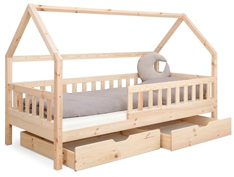 Ehrenkind® Hausbett Lille | Kinderbett mit abnehmbaren Rausfallschutz aus Massivholz FSC® zertifziert inkl. Schubladen | Hausbett 80x160 | Kinderbett 80x160 Natur