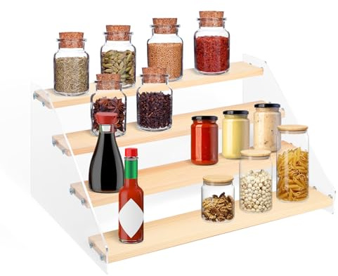 CRITIVE-S Acrylic Spice Rack Kitchen Storage Organisation, 4 Tier Spice Racks for Inside Cupboard, Wooden Perfume Jewelry Display Stand, Display Stands for Craft Fairs Makeup Skincare Organiser