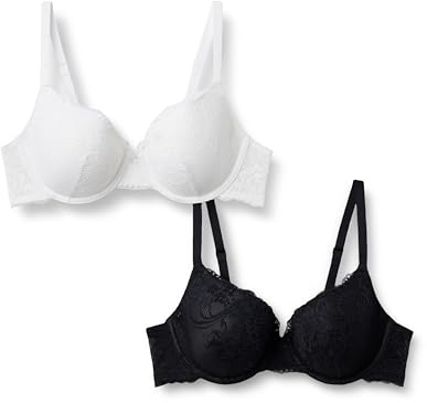 Amazon Essentials Sujetador con Relleno y Aros de Copa Completa con Encaje Elástico Mujer, Paquete de 2