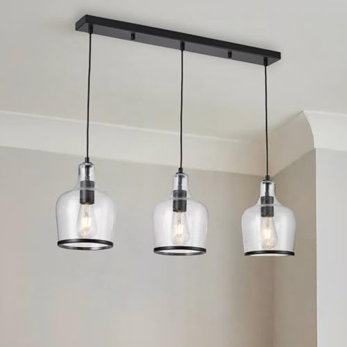 HARPER LIVING 3-Light Pendant Ceiling Lights for Kitchen Island, Adjustable Height 40-100cm, Modern Matte Black Island Ceiling Light with Bubbles Glass Shades, 3xE27 Base (Bulbs Not Included)