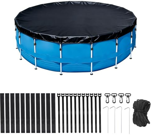 EFUTURETIME Ø366 X H30 cm Copertura per Piscina Rotonda Fuori Terra, Tessuto Oxford con Cordino, Picchetti e Velcro, Resistente UV e Strappi per Piscina con Telaio Rotonda, Nero