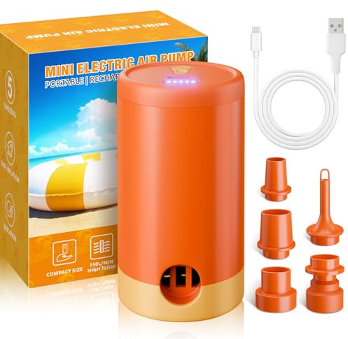HAFOEEP Mini Electric Air Pump for Inflatables, USB Rechargeable, Fast Inflating & Deflating, 5 Nozzles for Air Bed Mattress Paddling Pool Toys Swimming Ring Vacuum Bags, Portable Air Pump Camping