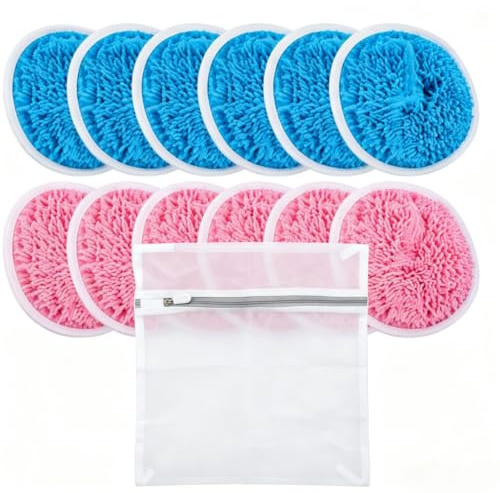Solyxis Lote de 12 Paños Compatibles con Swiffer Mopa Paños Húmedos, Reutilizables Lavables Tela Chenilla Suave, Limpieza en Seco y Húmedo para Pisos Duros, Bolsa de Lavado Incluida, Rosa + Azul