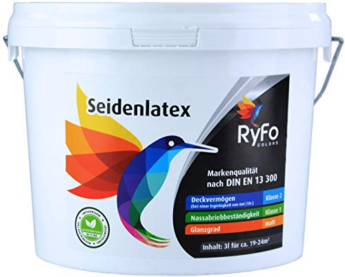 RyFo Colors Seidenlatex Weiß 3l – Latexfarbe Innen, abwaschbare Wandfarbe, Nassabriebklasse 1, seidenmatt, scheuerbeständig für Küche, Flur & Treppenhaus