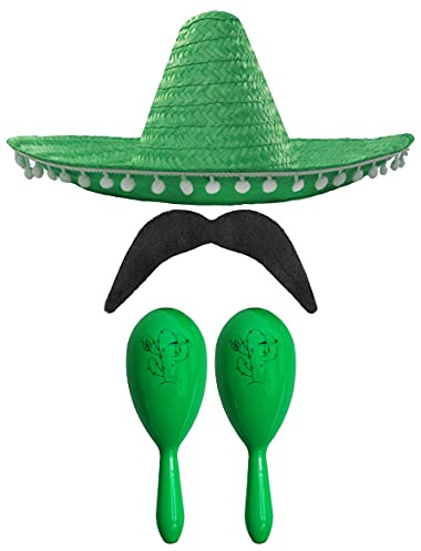 Mexikansk snygg klänning tillbehörsset – Mexikansk SOMBRERO med maracas och smink – perfekt för Mexikanska finare kläder SENORITA BANDIT MARIACHI FANCY KLÄNNING (grön POM SOMBRERO + 2X gröna marACAS)