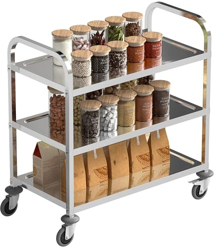 HOMCOM Carrello da Cucina 3 Ripiani Aperti 4 Ruote Omnidirezionali con 2 Freni Cuscinetti Anti-Collisione in Acciaio Inossidabile 430 Argento 90.5x50.5x88.2cm