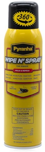 PYRANHA Wipe N' Spray for Horses - Oil-Based Long Lasting Fly Control Repels Horn, Deer, Horse, House, Stable, & Face Flies, Ticks, Mites, Mosquitoes, Gnats & Lice, 15 Oz