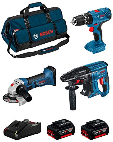 BOSCH Kit 18V BK305BAG (Martello Perforatore GBH 18V-21 + Trapano a Percussione GSB 18V-21 + Smerigliatrice GWS 18-125 V-LI + 2 Batterie di 5,0 Ah + Caricabatterie + Borsa)