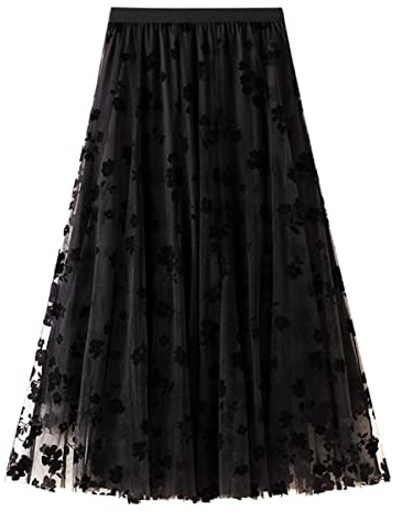 TangDao Jupe Taille Extensible en Tulle Floqué pour Femme, Jupe Plissée en Dentelle Brodée, Jupe Longue Tapèze Taille Haute Superposée (Noir)