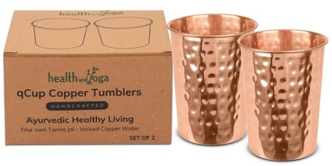 HealthAndYoga™ qCup Vasos de cobre puro para beber – Vasos de cobre puro para salud ayurvédica – Juego de 2 piezas – 250 ml (martillado)