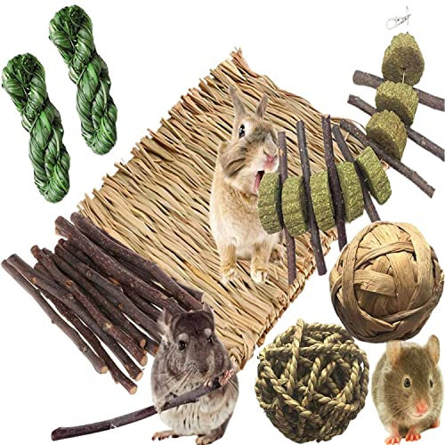 Bunny Hamsters Chew Toys Set, Straw Woven Bed Mat& Rabbit Pet Tooth Organic Natural Apple Wood Grass Cake Ideal for Chinchilla, Guinea Pigs, Syrian Rat,Birds,Teeth Grinding
