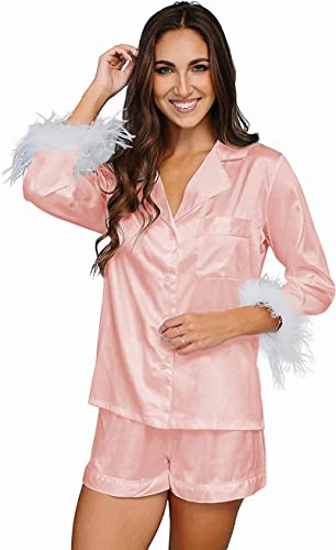 Pyjama à plumes pour femme en satin de soie avec short pour femme - Ensemble de pyjama 2 pièces pour demoiselle d'honneur - Vêtement de nuit boutonné pour mariage, Rose pâle., S