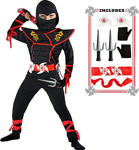 SATKULL Kids Ninja Costumes Halloween Ninja Costume Set for Boy Deluxe Ninjas Role Playing Suit(Kids-L-8/9T Black)