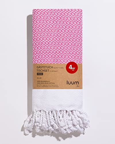 Luum® Set of 4 Hamam Guest Towels, Place Mats, Washable Place Mats, Flannel, 100% Cotton, Quick-Drying, Lint-Free, Pink, 33 x 45 cm, Gift Set, Wedding Gift Idea