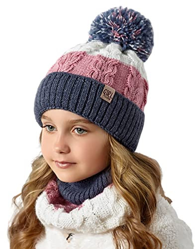 Smarilla Mädchen Wintermütze Strickmütze mit Schlauchschal Winterset Gr. 52-54, Größe: 52-54, Farbe: Blau-Altrosa-Creme