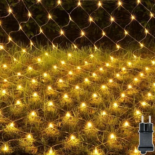 Meision Red de luces para exteriores, 1,5 x 1,5 m, 100 LED, cadena de luces para interiores, con temporizador + 9 modos de enchufe + función de memoria, cortina de luz de malla ampliable IP44 para