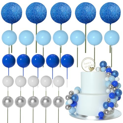 ASTARON 50 Pcs Ball Cake Topper Sticks Mini Balloons for Cake Decorating Supplies Foam Balls Cake Decorations for Baby Shower Cake Birthday Cake Toppers Decorations (Blue Series)