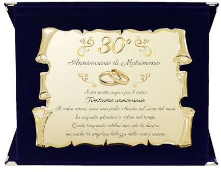 Targa per Trentesimo Anniversario di Matrimonio | Congratulazioni 30° Anniversario di Nozze | Regalo Nozze di perla | Pergamena Dorata su Cofanetto Blu (Blu e Dorato, 30)