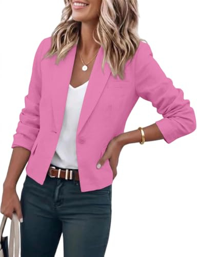 IDEALSANXUN Pink Blazer Woman 2026 Casual Lightweight Short Cropped Spring Jackets Summer Blazer Cotton Linen Cardigan Tops, Pink, M
