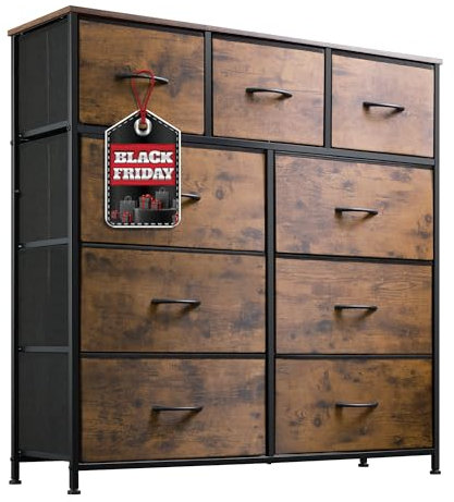 WLIVE Kommode mit 9 Schubladen aus Stoff, Kommodenschrank für Schlafzimmer, Kommode Wohnzimmer, mit Stabiler Stahlrahmen, Vintagebraun-Schwarz