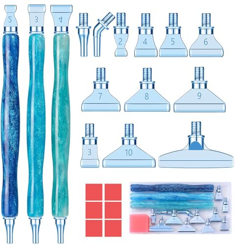 Snewvie Diamond Painting Stift Metall Aufsätze,Diamond Painting Zubehör Set mit 3 Styles 5D Drill Pen und 12 Styles Blaue Metall Ersatzköpfe,Diamond Painting Stift mit Gewinde