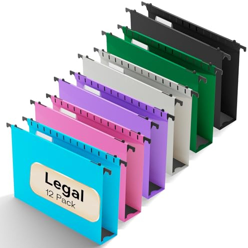 NORDUN Extra Capacity Legal Size Plastic Hanging File Folders, Heavy Duty 2 Inch Expansion, Reinforced, 12 Pack, Assorted Color