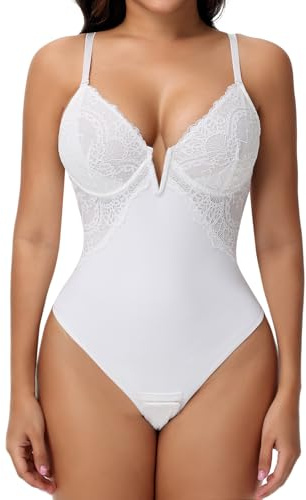 SHAPERIN Women Lace Shapewear Bodysuit V Neck Tummy Control Thong Bodysuit | Underwire Bra Compression Leotard Sexy Summer Tank Top Slimming Bodysuit Tops with Adjustable Shoulder Straps