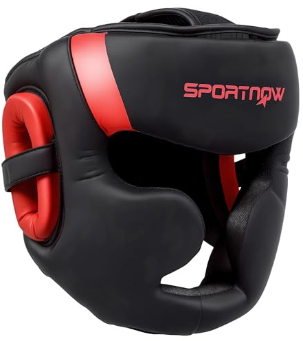 SPORTNOW Casco de Boxeo con Correa Ajustable MMA Talla L Rojo y Negro | Helmet, Protector de Cabeza, para Grappling Sparring, Artes Marciales, Kickboxing, Karate