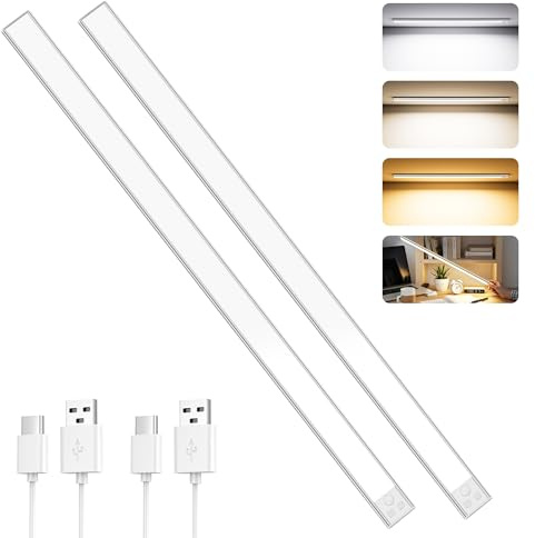 OUILA Illuminazione LED per armadio con sensore di movimento, 60 cm, 3 colori, dimmerabile, per cucina, bagno, camera da letto, 2 pezzi
