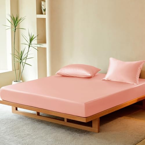 THXSILK Luxury Mulberry Silk Fitted Sheet Set 3 Pcs, Full Silk Bed Sheet Set with 16 Deep Pockets, Soft & Cooling Sheets, 1 Fitted Sheet, 2 Pillowcases with Zipper Closure - Charming Pink