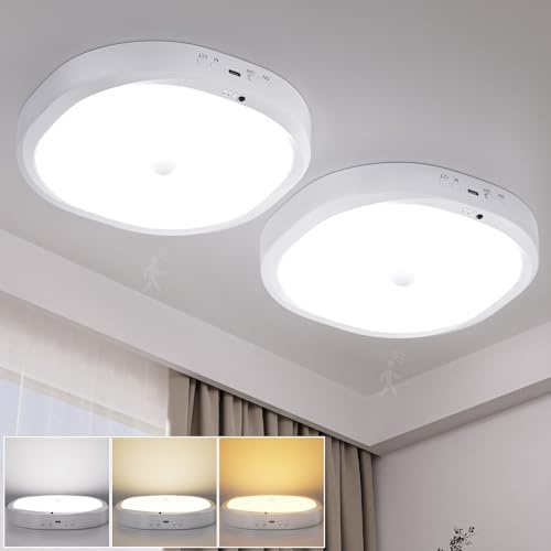 Grevoxy LED Motion Sensor Ceiling Light with 10000mAh Rechargeable Battery | 19CM & 550LM Magnetic Cordless Ceiling Lamp Dimmable, Remote Control with Timer, Sensor Lights for Shed, Loft, 2 Pack