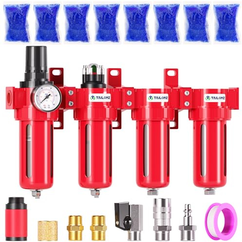 TAILONZ PNEUMATIC 0-150PSI 1/2 Inch NPT Red Industrial Grade 4 Stage Air Drying System, Particulate Filter, Coalescing Filter, Double Desiccant Dryer and Air Regulator (Manual Drainage)