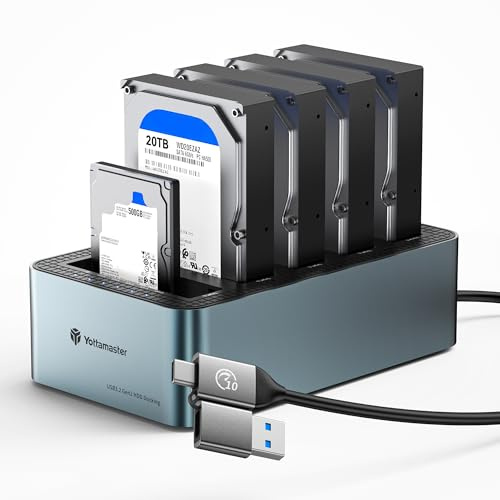 Yottamaster 5 Bay Hard Drive Docking Station Aluminum for 2.5''/3.5'' SATA SSD/HDD, USB 3.2 Gen1 Hard Drive Cloner Duplicator, Supports UASP and Up to 100TB (5x20TB) for 1-to-4 Offline Cloning (KB500)