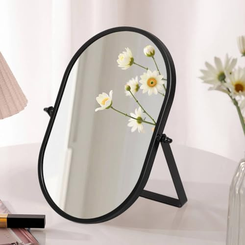 Gosider Sminkspegel, bordsspegel, oval, svart, metallram, bärbar, ensidig, roterbar, högglans spegel, stående spegel för sminkbord, badrum, sovrum, kontor