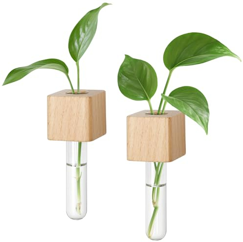 Magnetic Test Tube Flower Vases for Refrigerator, Set of 2 Wooden Fridge Magnet Planters with Glass Tubes – Light & Dark Wood Color, Propagation Station for Hydroponic Display (No Plant Included) | Wooden magnetic vases in a natural wood finish for fresh cuttings and plant propagation. Plant not included.