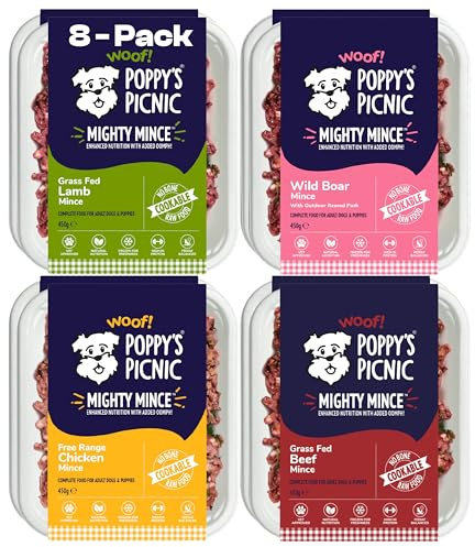 Poppy’s Picnic - MIGHTY MINCE Variety Pack – 8 Pack Frozen Dog Food – High Protein Fresh Food – Frozen Raw – Beef, Chicken, Lamb & Wild Boar Mince for Dogs – Cookable Food – 8 x 450g