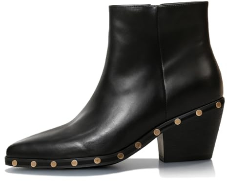 Women's Leather Pointed Toe Studded Block Heel Chelsea Boots With Side Zippers 2.56in Fashion Comfort Non Slip Stack Chunky Heel Dress Western Ankle Boots For Party Office Business Walking (Black,8)