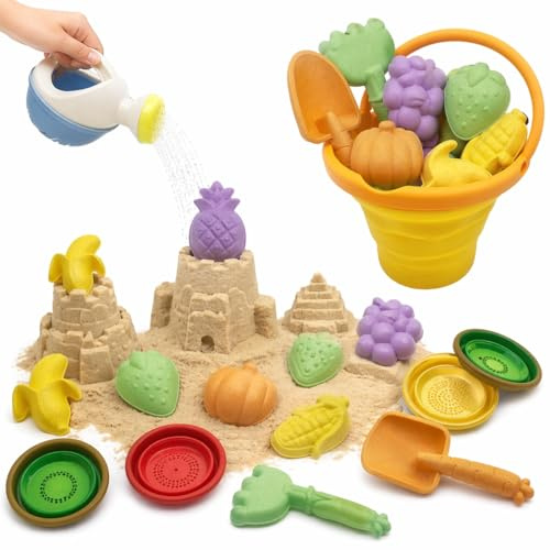 VBACALA Giochi da Spiaggia,11 Pezzi Set Giocattoli da Spiaggia per Bambini con Secchiello Pieghevole,Formine Frutta,Annaffiatoio e Palette,Giochi Spiaggia Ideali per Regalo Bambini e Bambine 3+ Anni