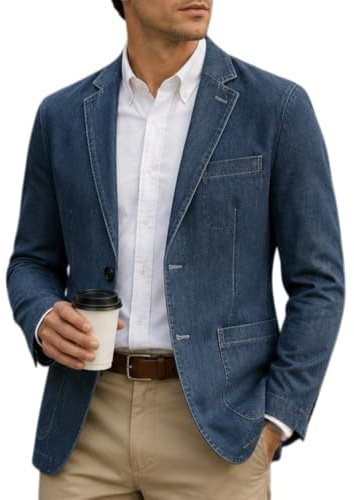 KUUFUUT Blazer da Uomo in Denim Cappotto in Jeans Sfoderato Giacca Sportiva Casual Leggera Taglie Forti Giacca da Completo Casual A Due Bottoni per Lavoro Viaggi E Uso Quotidiano Blu Scuro Taglia 3XL