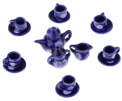 QUXVUIS Juego de té y café en Miniatura para casa de muñecas, vajilla de Comedor de 15 Piezas, Color Azul Oscuro, Incluye Taza, , platillo y Tetera de