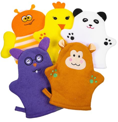 Guantes de Baño Pack de 5 Piezas para Bebés de Algodón | Suaves y Ligeros, Forma de Fruta, Estilo Adorable, Uso Infantil, Toallitas de Ducha Dibujos Animados Estilo Aleatorio