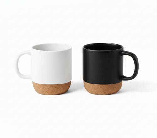 FUN FAN LINE - Set di 2 Tazze da Caffè Grandi in Ceramica | Tazze Alte Bianche e Nere con Base in Sughero | Set di Tazze Moderne per Colazione e Tè | Perfetto per Coppie e Amici