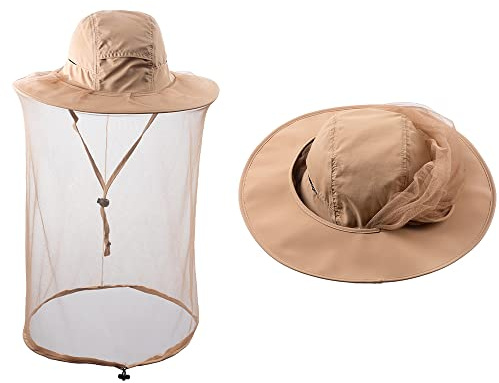 Head Netting Mosquito Net Hat Beekeeper Bee Veil Hat Bug Face Cover Netted Fishing Safari Hats Dog Grooming Women Men Khaki