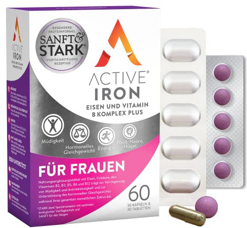 Active Iron für Frauen, Eisen- und Multivitaminpräparat, 30 Eisenkapseln à 17 mg und 30 Multivitamintabletten, hochwirksame Vitamine B, nicht verstopfend, Vorrat für 1 Monat.