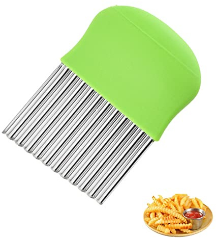 iTauyees Vågskärare, rostfritt stål potatisskärare för potatis, pommes frites skärare, pommesskärare, vågkniv grönsaker räfflad kniv för sötpotatis och frukt eller grönsaker och smör, grön