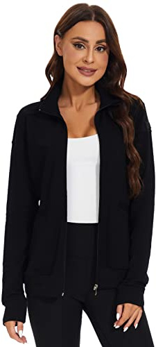 Meanzoo Women's Scrubs Jacket Zip Front Warm-up Jacket(Black,Medium)